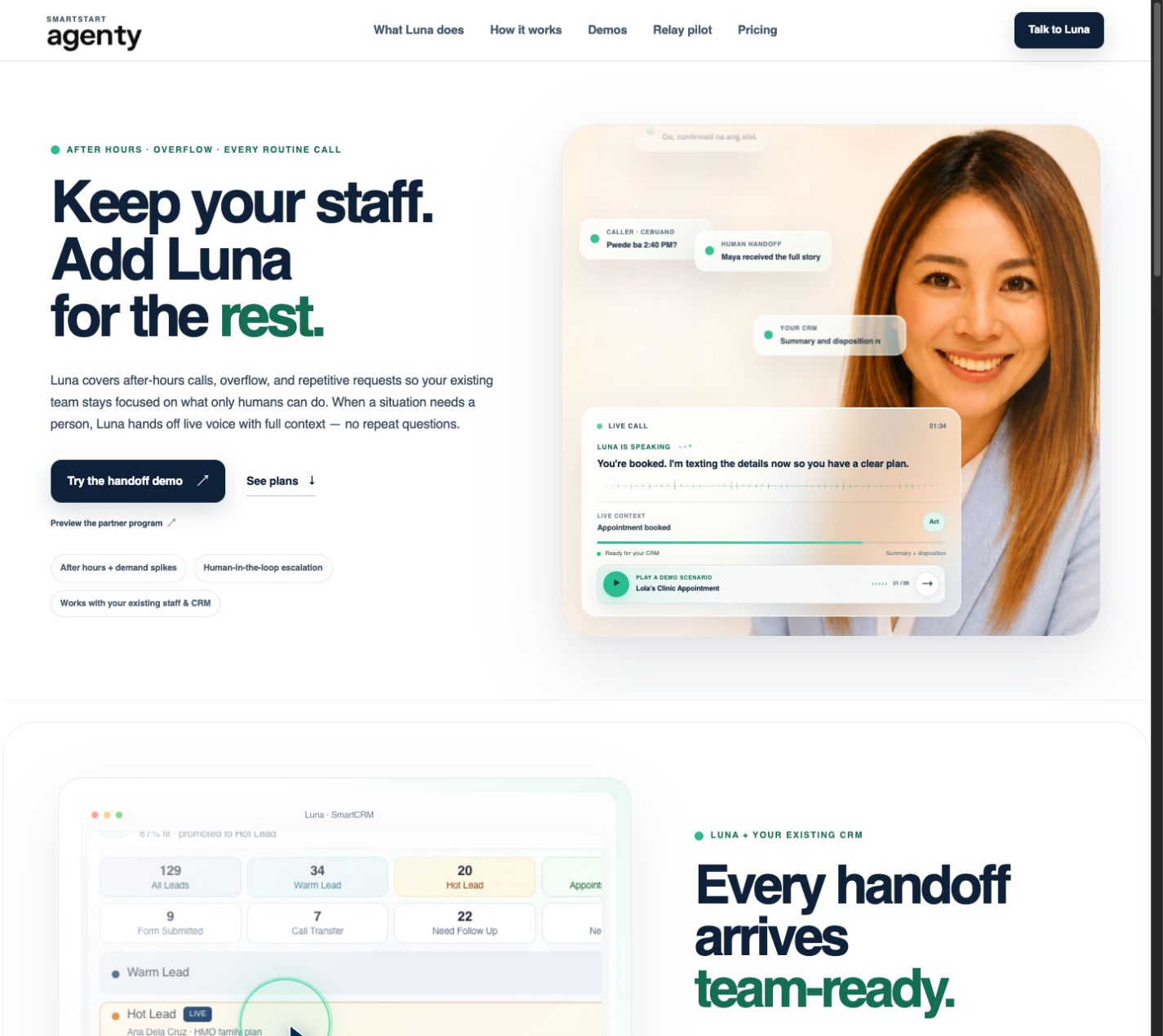 Scaled snapshot of the current Luna landing page, showing its navigation, hero, handoff interface, and visual system